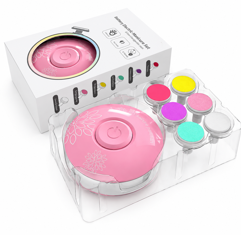 Electric Manicure Set with 6 interchangeable coloured pads and packaging