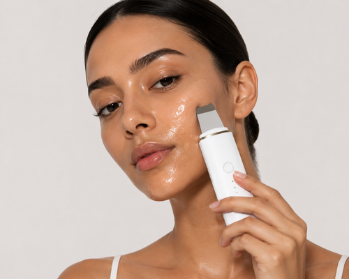 Woman using facial scrubber on cheek
