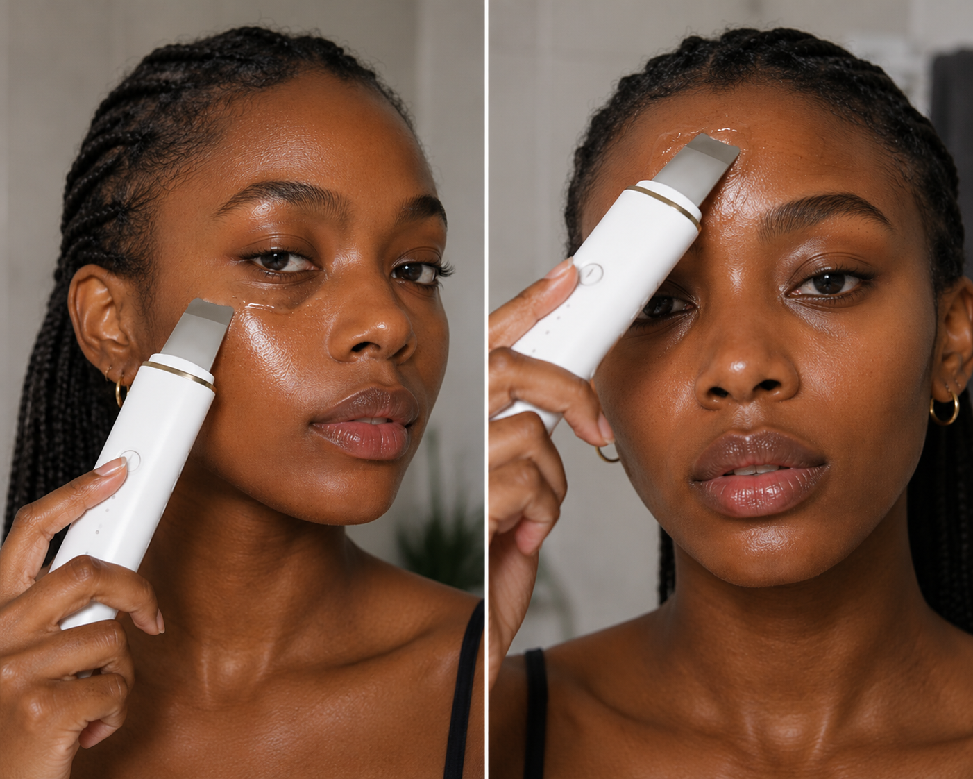 Two women using facial scrubber on face and forehead